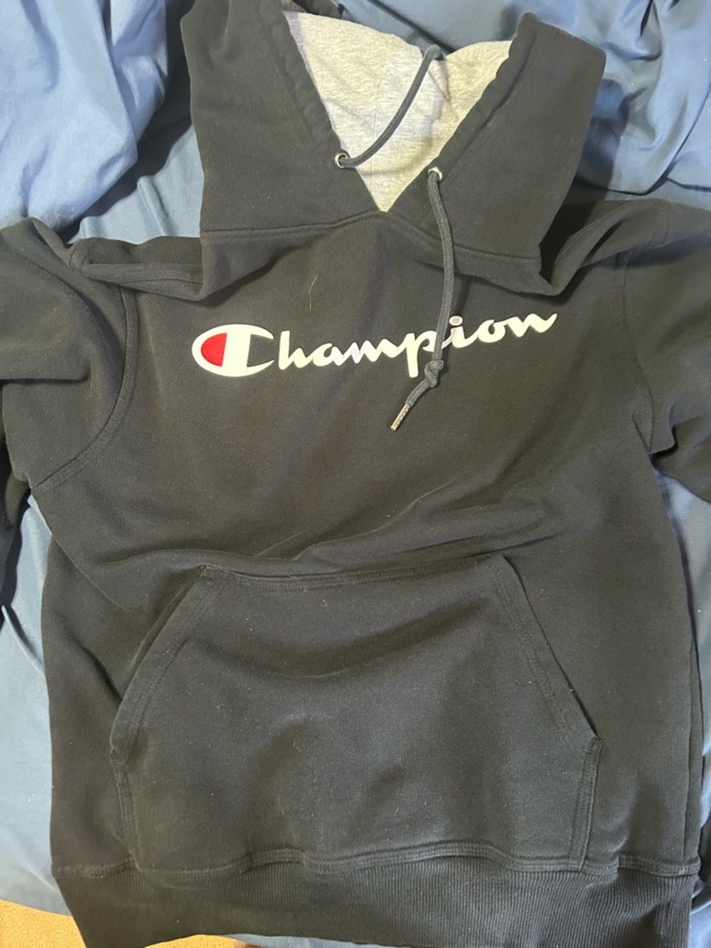 Champion Black Hoodie with White Label and Red/Blue Trim